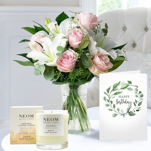 Simply Pink Rose & Lily, NEOM Happiness Candle (185g) & Happy Birthday Card