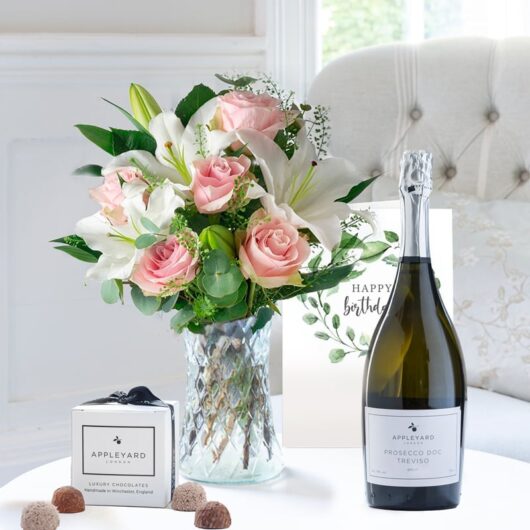 Simply Pink Rose & Lily, Prosecco, 6 Mixed Truffles & Birthday Card